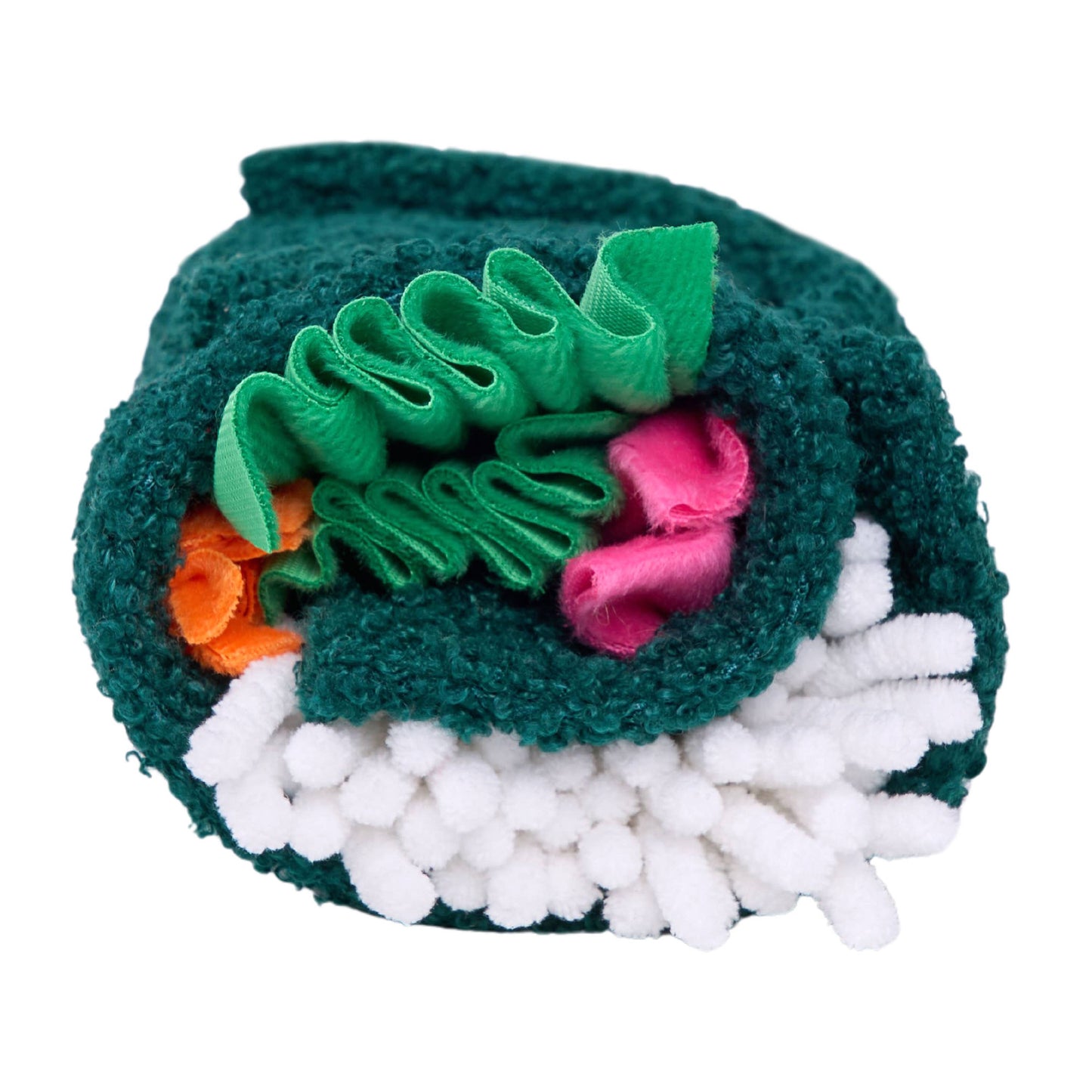 Toy resembling a roll of sushi with colorful leaves on a white background