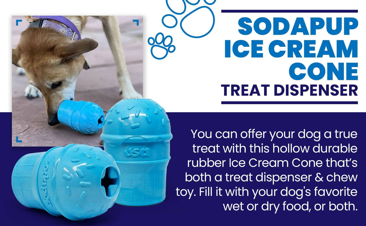Sodapup Ice Cream Cone Durable PUP-X Rubber Chew Toy and Treat Dispenser: Large Ice Cream Cone - blue