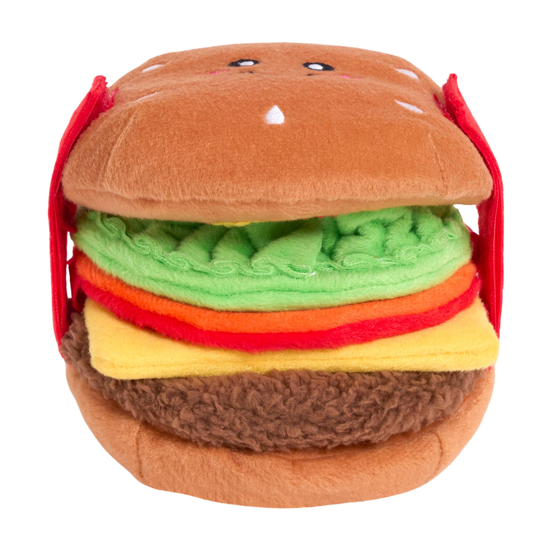 Plush toy shaped like a hamburger with brown bun, green lettuce, red tomato, and yellow cheese on a white background.