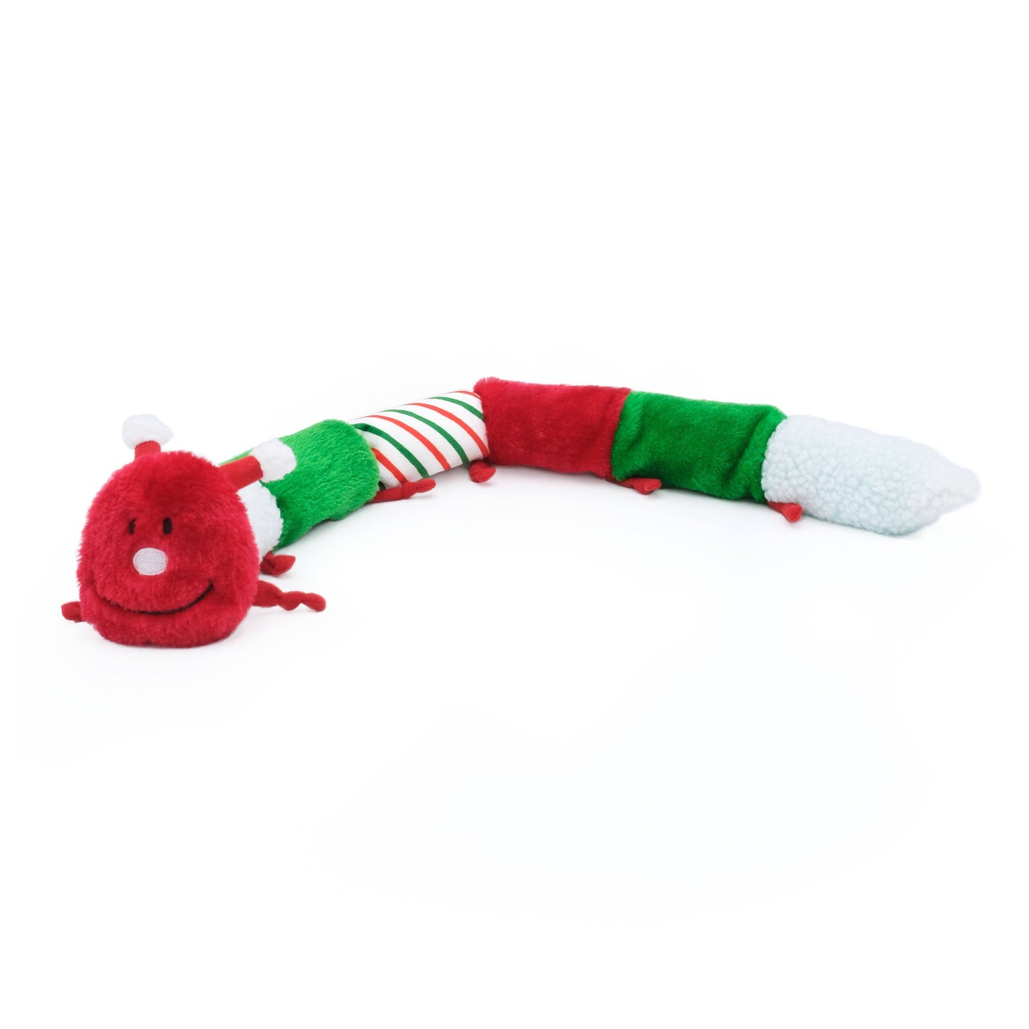 Plush toy resembling a snake with red, green, and white colors on a white background