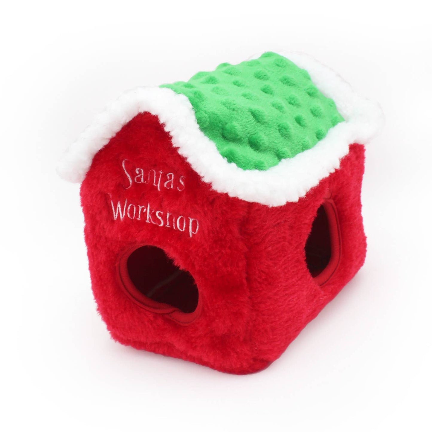 Red and green textured cube toy with 'Santa's Workshop' text on a white background