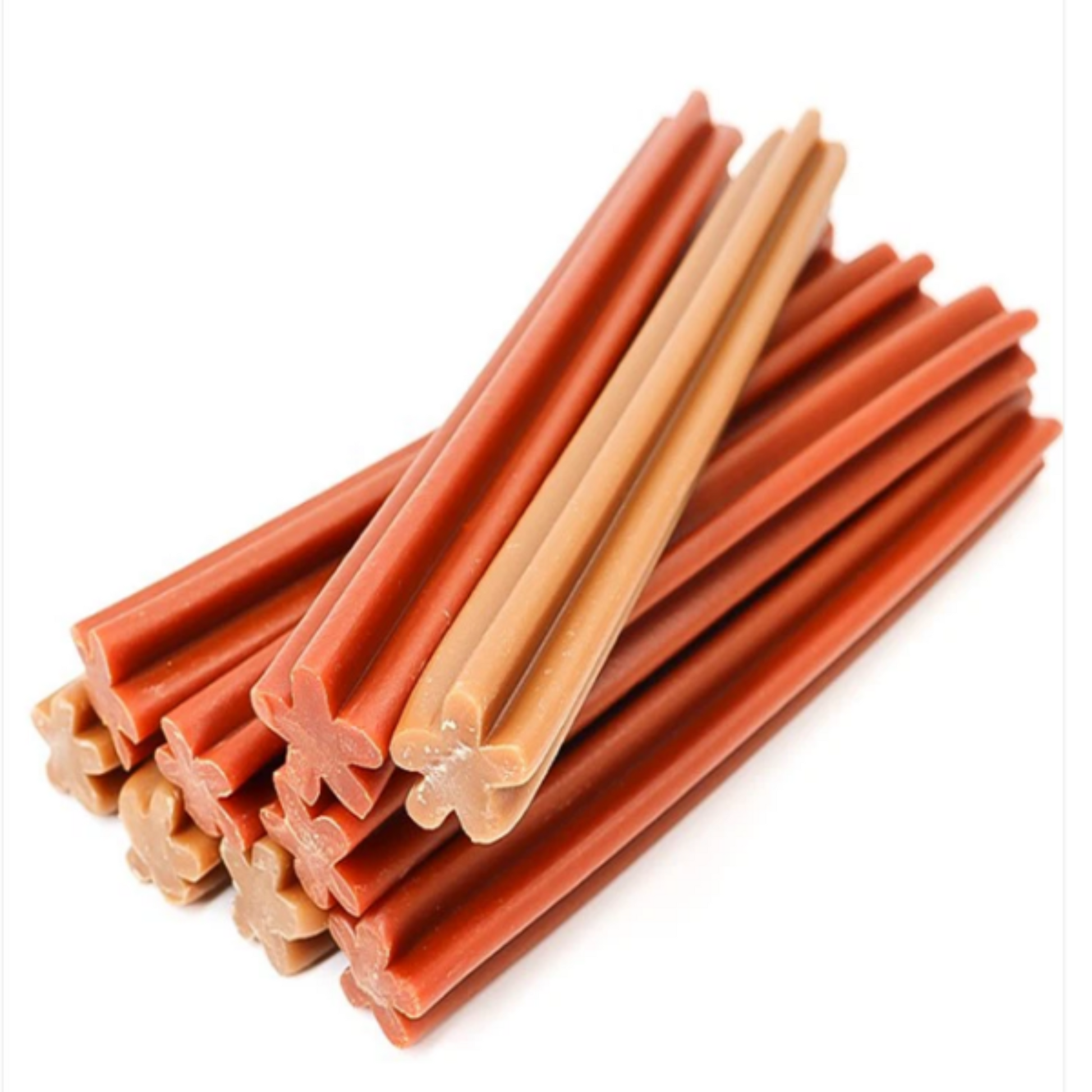Dog dental sticks in two colors on a white background