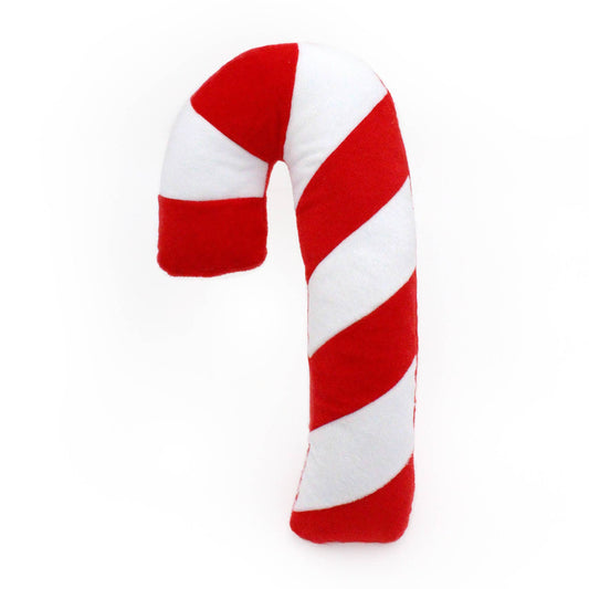 Red and white striped candy cane on a white background