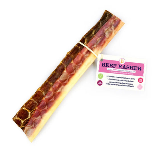 Beef rasher with packaging on a white background