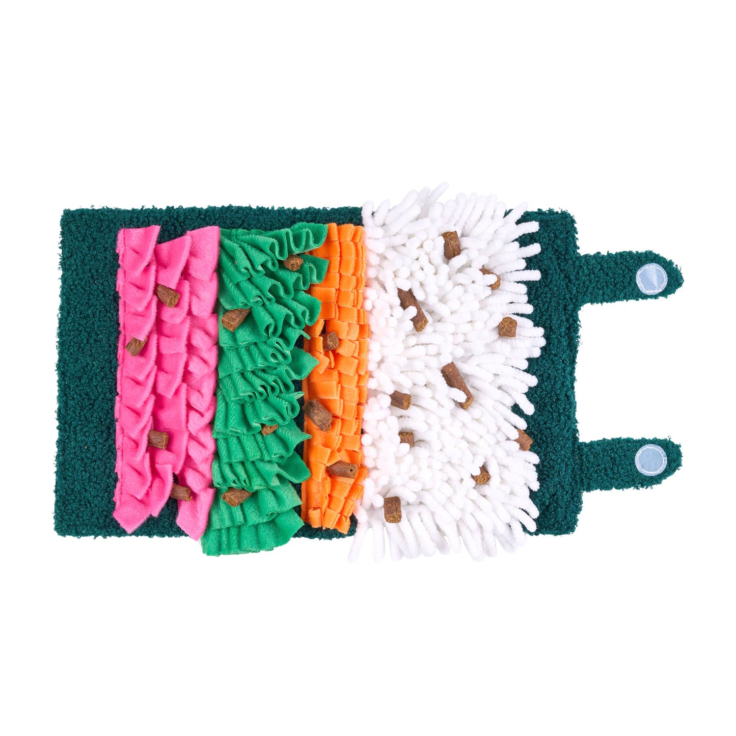 Colorful textured doormat with ruffled and fringed patterns on a white background