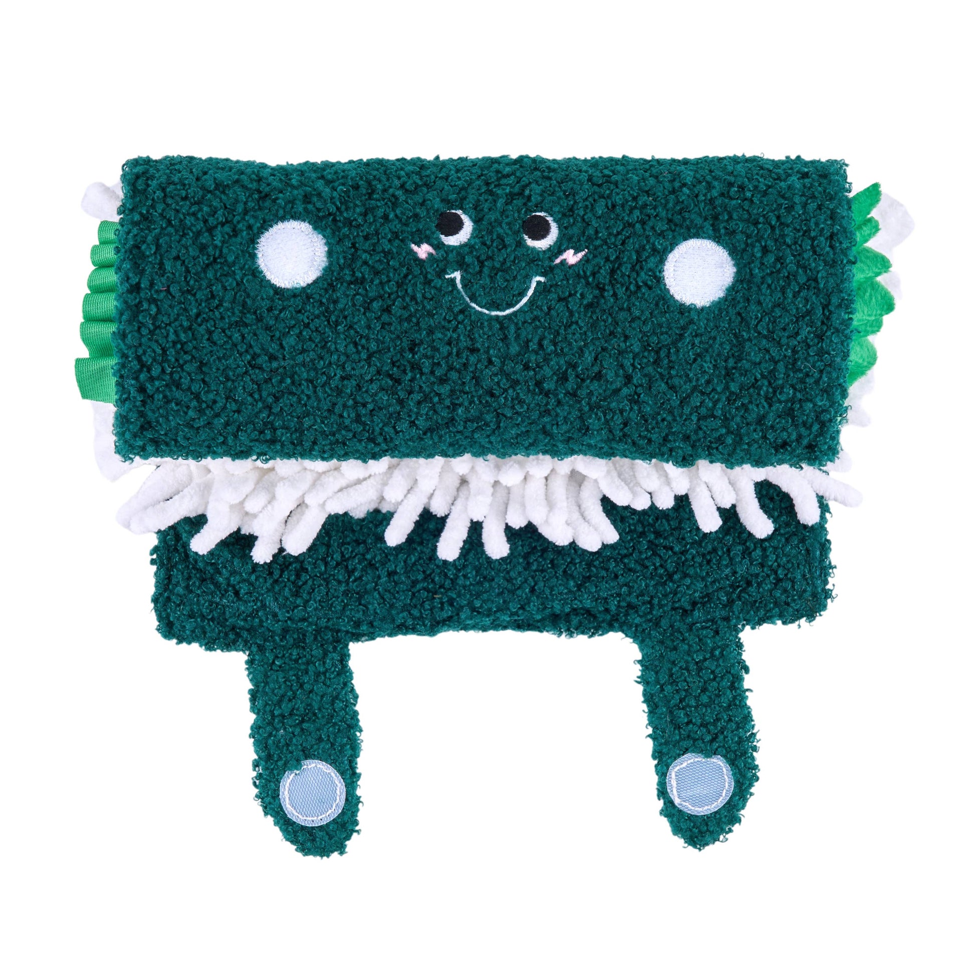 Green plush toy with a happy face on a white background