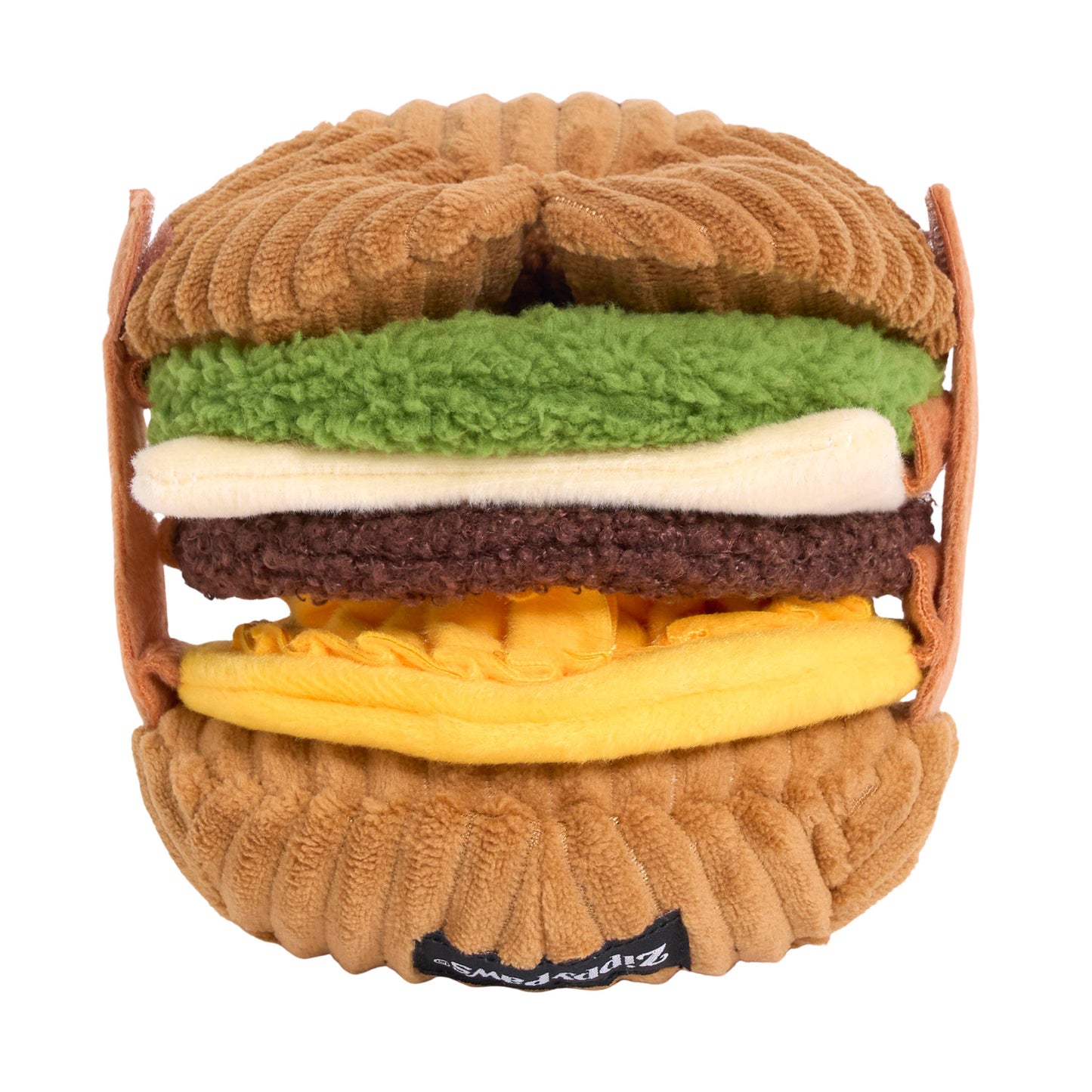Plush toy designed like a hamburger with layers of brown, green, white, and yellow on a white background.