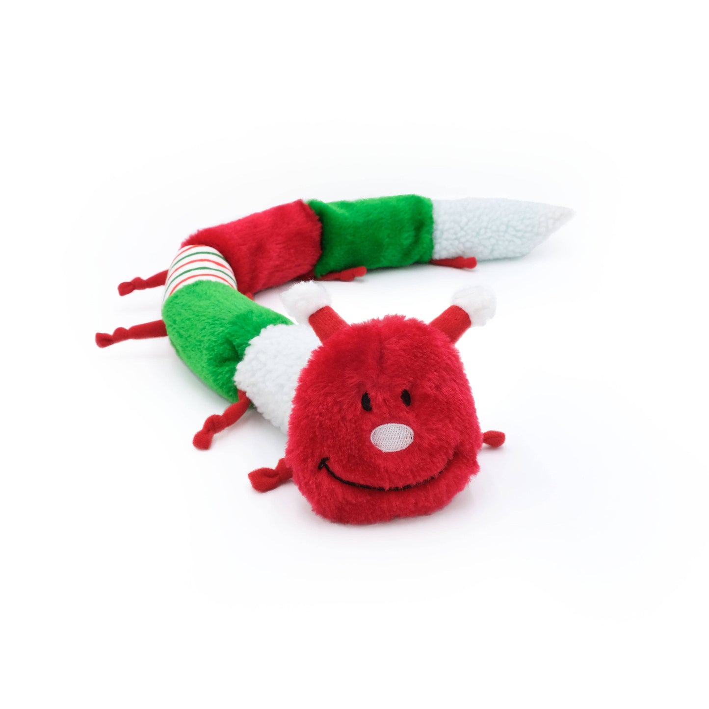 Red, green, and white plush toy on a white background